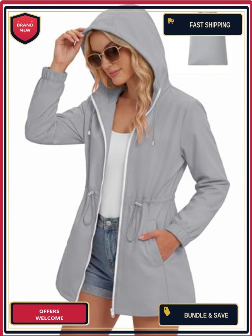 Lightweight Waterproof Hooded Rain Jacket Packable Women's